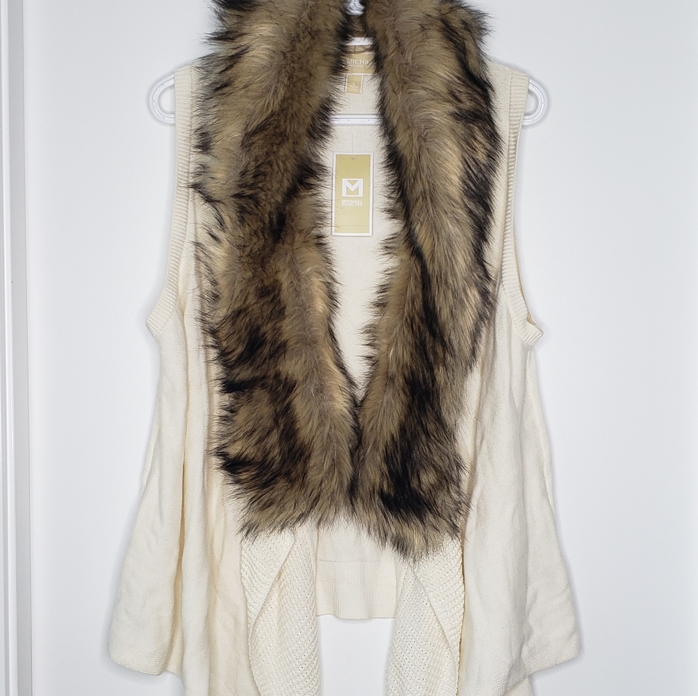 Michael Kors Cardigan Vest With Faux Fur Trim